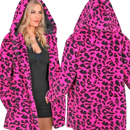 Widmann SRL Bontjas met muts pluche luipaard neon roze Roos