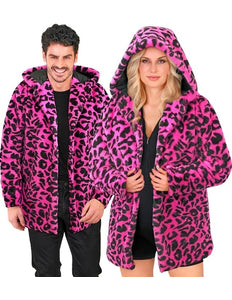 Widmann SRL Bontjas met muts pluche luipaard neon roze Roos