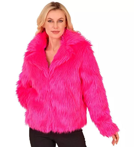 Widmann SRL Bontjas pluche dames neon roze kostuum Noah