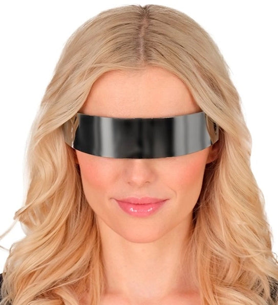 Bril spiegelglas Daan met zilver spiegelend vizier, gedragen door dame bij een alien-look voor carnaval