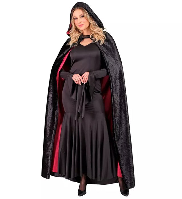 Widmann SRL Cape met kap zwart fluweel met rode binnenvoering 140cm Maud