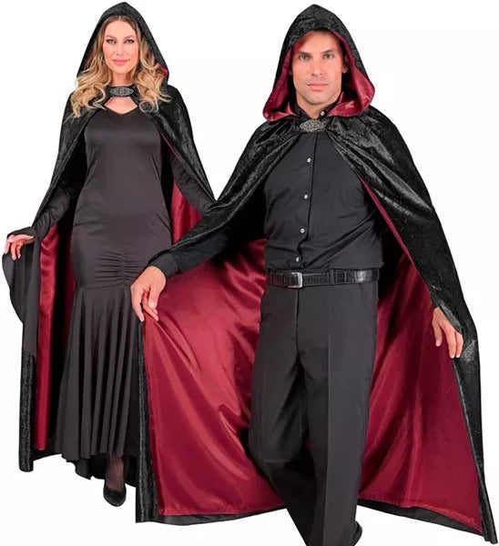 Widmann SRL Cape met kap zwart fluweel met rode binnenvoering 140cm Maud