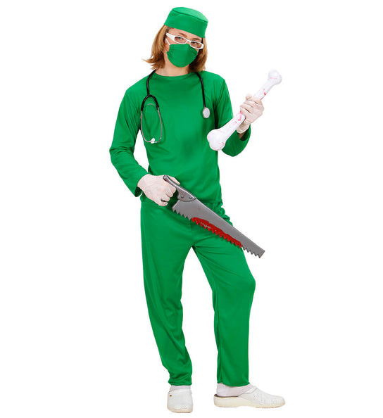 Chirurg dokter kostuum kinderen in groen met pet, gezichtsmasker en nepzaag voor carnaval