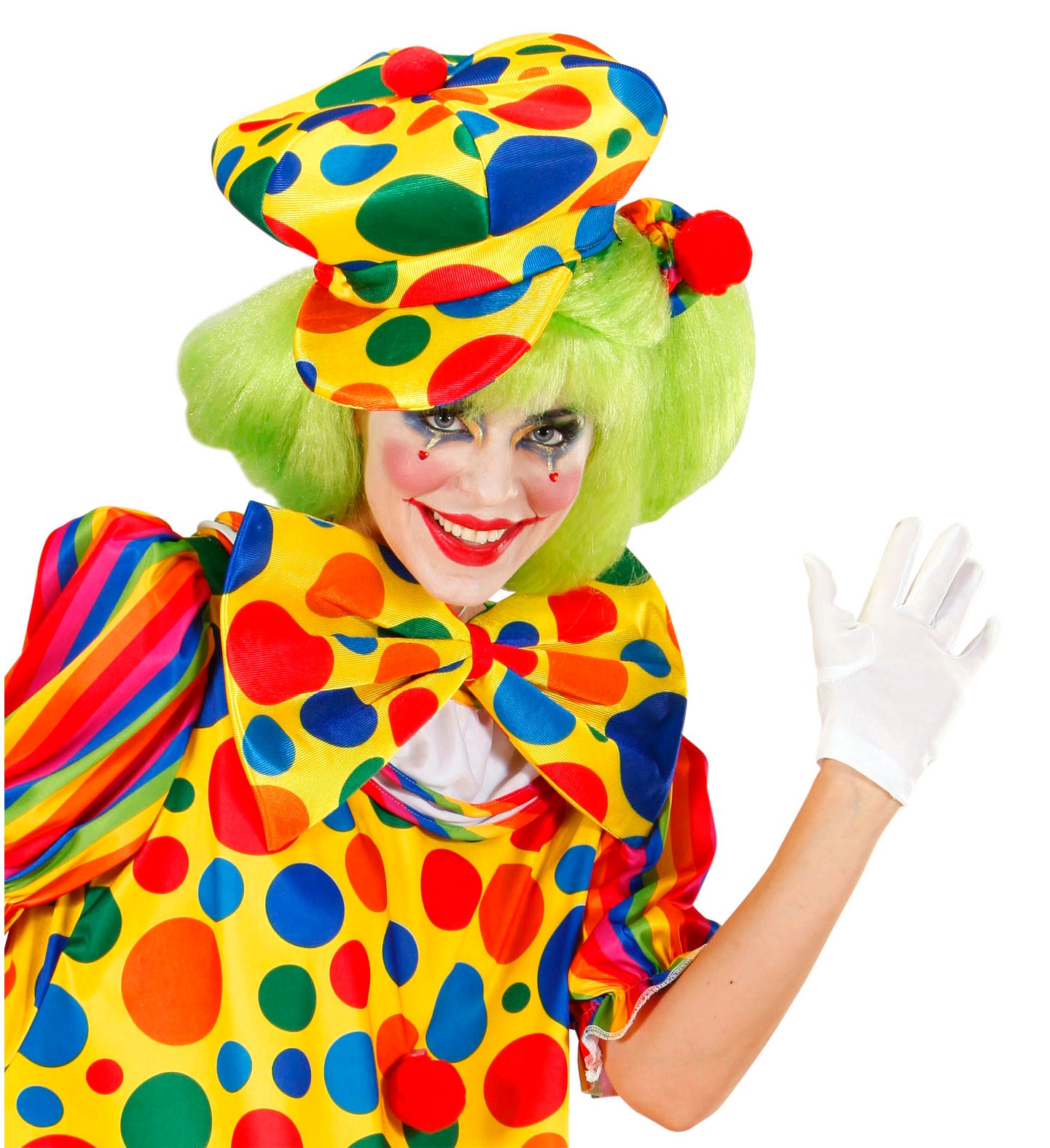 Clownskostuumset, 6-delig, regenboogpruik, neus, strik, ti en Clownskostuumset, 6-delig, regenboogpruik, neus, strik, ti en
