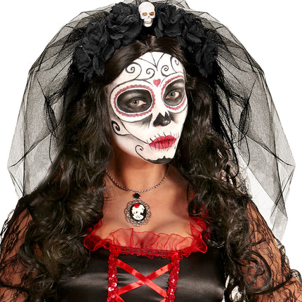 Widmann SRL Diadeem  day of death met 6 rozen  schedel en sluier zwart