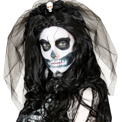 Widmann SRL Diadeem  day of death met 6 rozen  schedel en sluier zwart