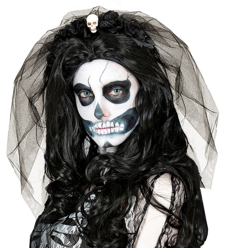 Widmann SRL Diadeem  day of death met 6 rozen  schedel en sluier zwart