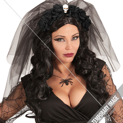 Widmann SRL Diadeem  day of death met 6 rozen  schedel en sluier zwart