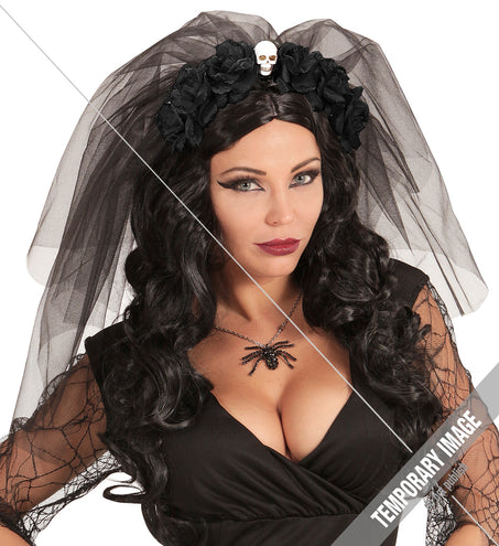 Widmann SRL Diadeem  day of death met 6 rozen  schedel en sluier zwart