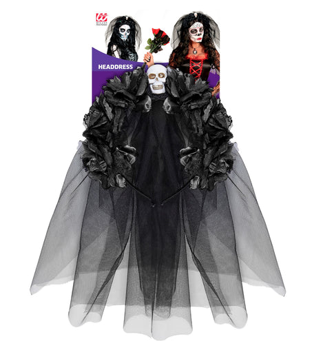 Widmann SRL Diadeem  day of death met 6 rozen  schedel en sluier zwart