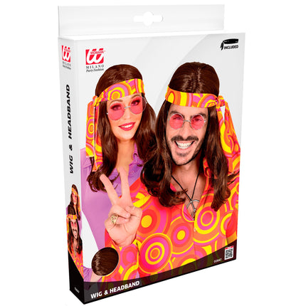 Widmann SRL Disco pruik hippie met hoofdband bruin