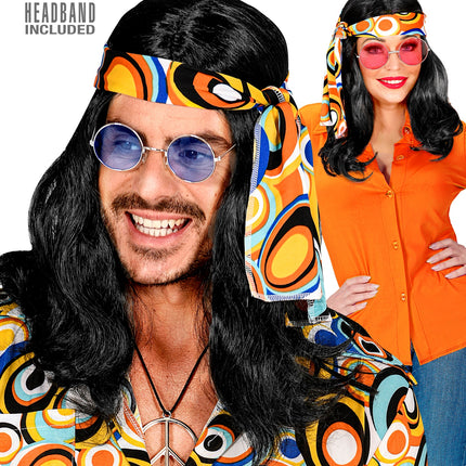 Widmann SRL Disco pruik hippie met hoofdband zwart