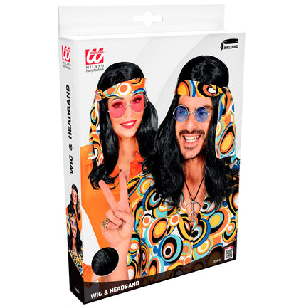 Widmann SRL Disco pruik hippie met hoofdband zwart