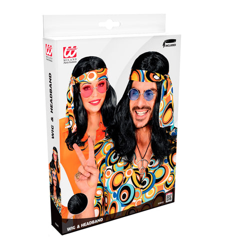 Widmann SRL Disco pruik hippie met hoofdband zwart