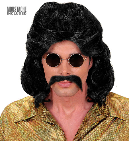 Widmann SRL Disco pruik seventies man zwart met snor