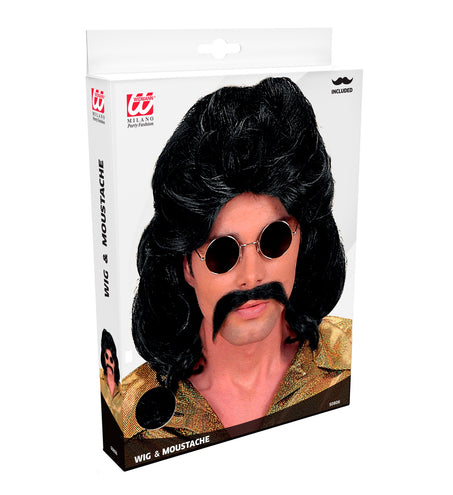 Widmann SRL Disco pruik seventies man zwart met snor