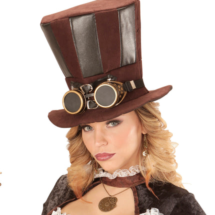 Widmann SRL Extra hoge hoed steampunk bruin met stofbril