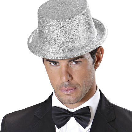 Widmann SRL Glitter hoge hoed zilver