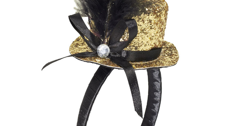 Widmann SRL Haarband glitter hoedje met veer goud