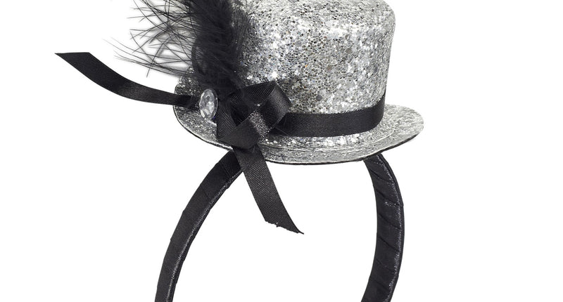 Widmann SRL Haarband glitter hoedje met veer zilver