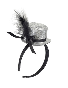 Widmann SRL Haarband glitter hoedje met veer zilver