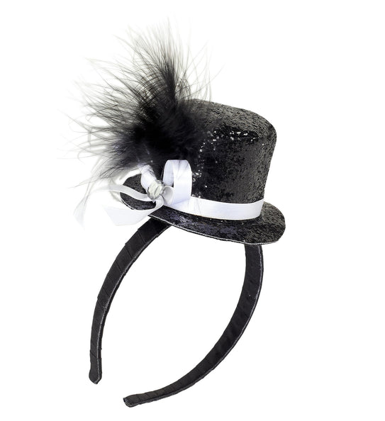 Widmann SRL Haarband glitter hoedje met veer zwart