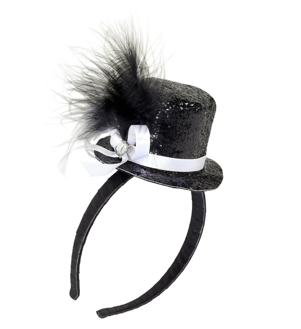 Widmann SRL Haarband glitter hoedje met veer zwart