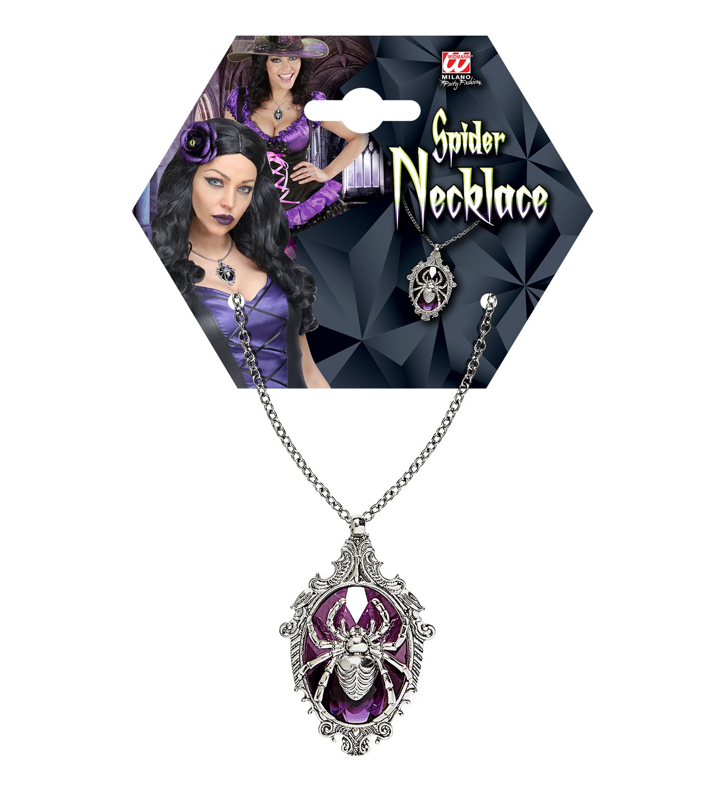 Widmann Spin-ketting – 40 Cm – Zwart – Halloween Accessoire – Met 12 Kleine Spinnen En 1 Grote – Perfect Voor Kostuums En Feest