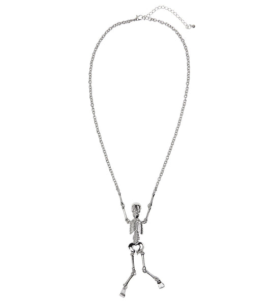 Halsketting skelet halloween in zilverkleur, volledige ketting met hangend skeletje en verlengschakel