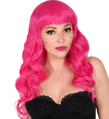 Widmann SRL Hard roze pruik met pony en lang krullend haar