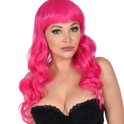 Widmann SRL Hard roze pruik met pony en lang krullend haar