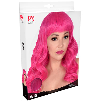 Widmann SRL Hard roze pruik met pony en lang krullend haar