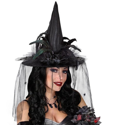 Widmann SRL Heksenhoed met tule, bloemen en veren Mats