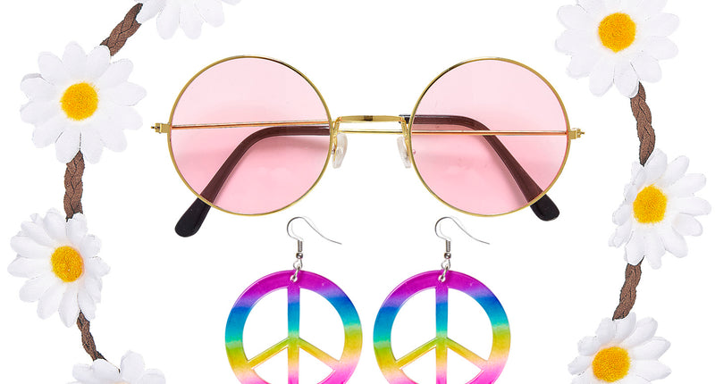 Widmann SRL Hippie accessoireset dames heren met bloemen hoofdband, oorbellen en bril