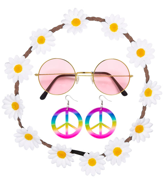Widmann SRL Hippie accessoireset dames heren met bloemen hoofdband, oorbellen en bril