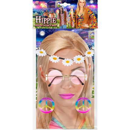 Widmann SRL Hippie accessoireset dames heren met bloemen hoofdband, oorbellen en bril