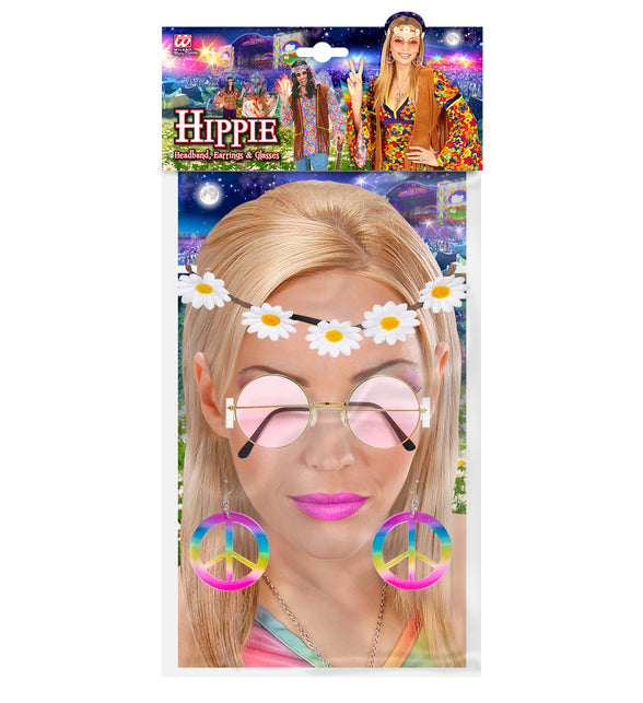 Widmann SRL Hippie accessoireset dames heren met bloemen hoofdband, oorbellen en bril