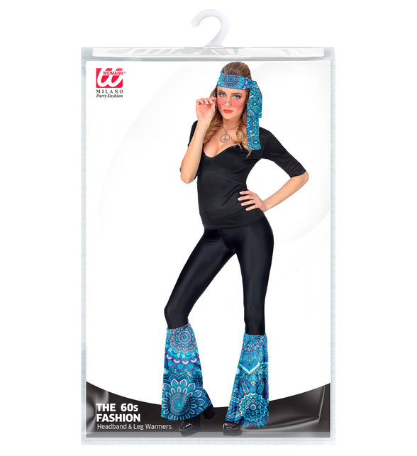 Widmann SRL Hippie verkleedset jaren 70 blauw mandala met hoofdband en beenwarmers