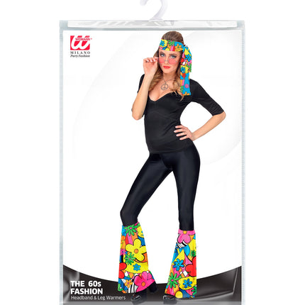 Widmann SRL Hippie verkleedset jaren 70 kleurrijk met bloemenbeenwarmers en hoofdband
