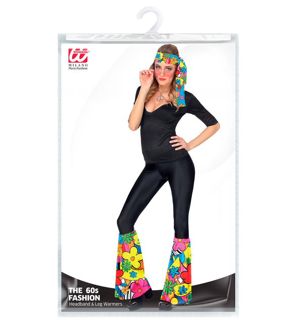 Widmann SRL Hippie verkleedset jaren 70 kleurrijk met bloemenbeenwarmers en hoofdband