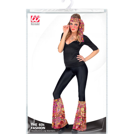 Widmann SRL Hippie verkleedset paisley roze met beenwarmers en hoofdband