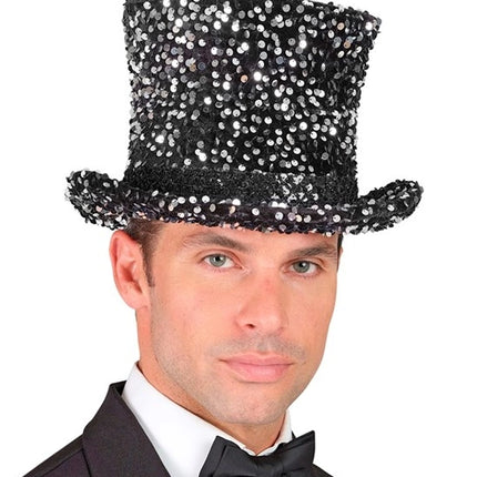 Widmann SRL Hoge hoed pailletten zwart/zilver Thijs top kwaliteit