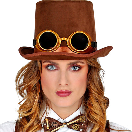 Widmann SRL Hoge hoed steampunk bruin met stofbril