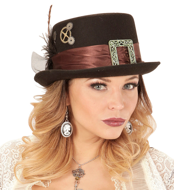 Widmann SRL Hoge hoed steampunk met veer