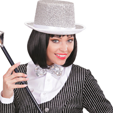 Widmann SRL Hoge hoed zilver glitter lurex