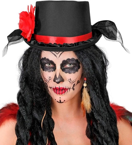 Widmann SRL Hoge hoed zwart met tule en rode roo Stijn