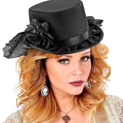 Widmann SRL Hoge hoed zwart met tule en zwarte roos