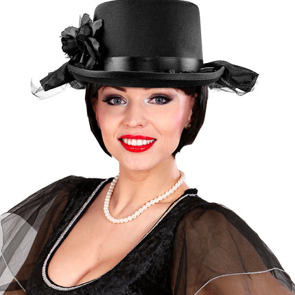 Widmann SRL Hoge hoed zwart met tule en zwarte roos