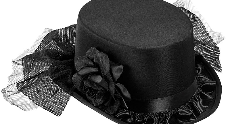 Widmann SRL Hoge hoed zwart met tule en zwarte roos