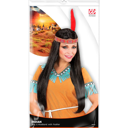 Widmann SRL Indianen pruik hoofdband met veer dames